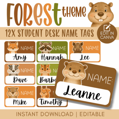Woodland / Forest Student Desk Name Labels | Canva Editable Classroom Printables